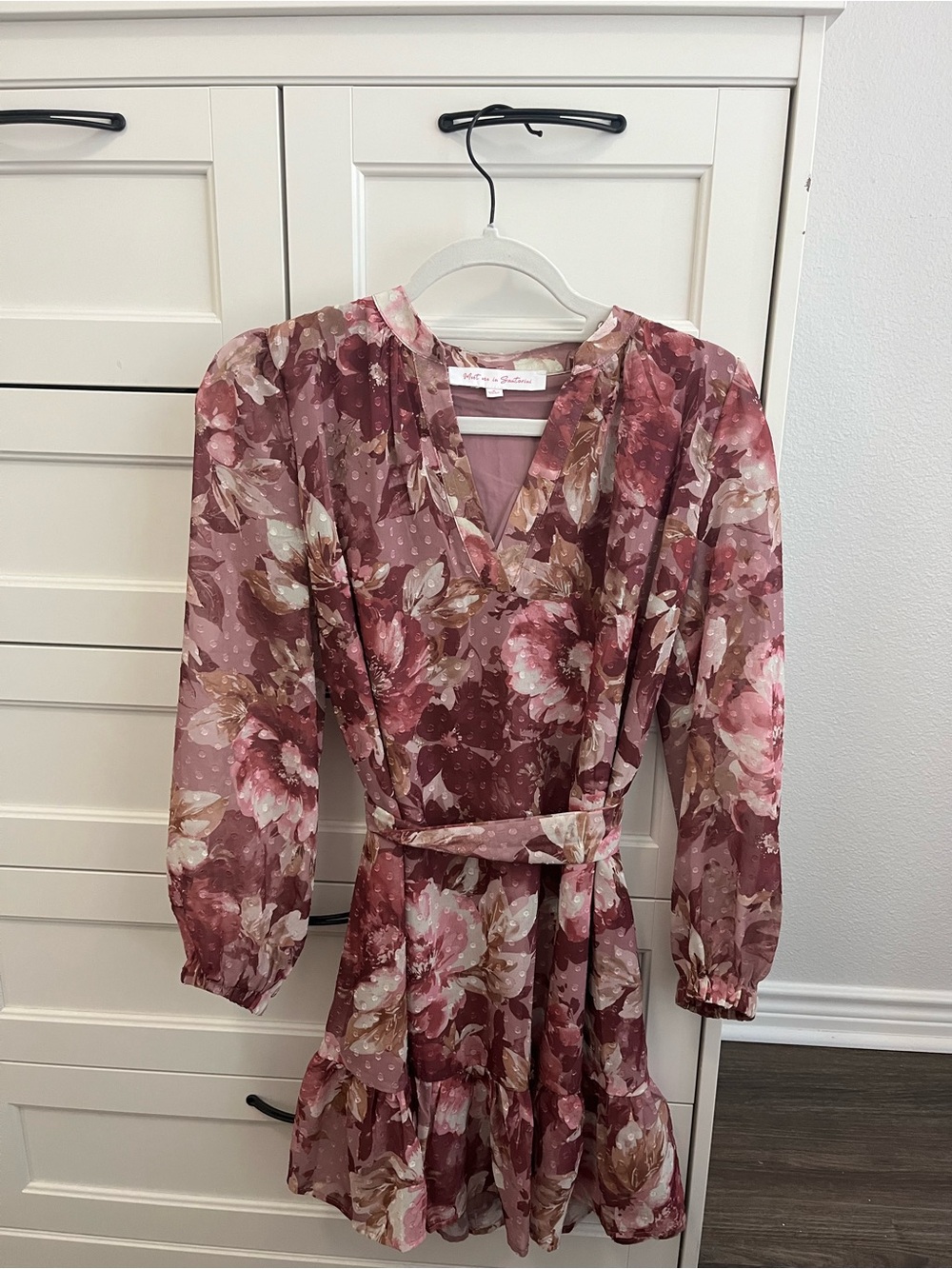 Meet Me In Santorini Floral Swiss Dot Long Sleeve Tiered Mini Dress NWOT
